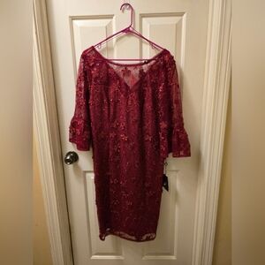 Adrianna Papell Deep Red Floral Lace Dress Size 16 Wedding Guest